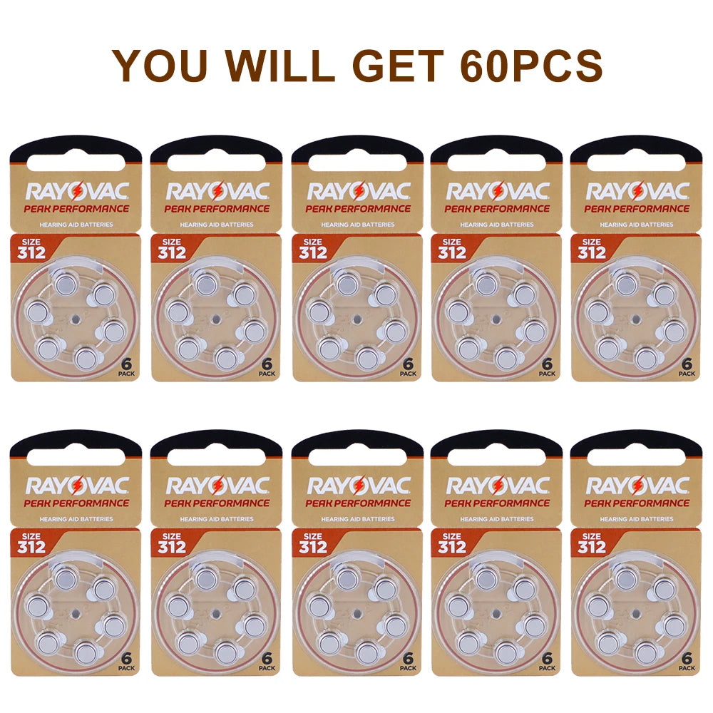 60Pcs Hearing Aid Batteries 312 A312 312A ZA312 312a PR41 Rayovac Peak UK Zinc Air Button Ear Aid Batteries For Hearing Aids 312